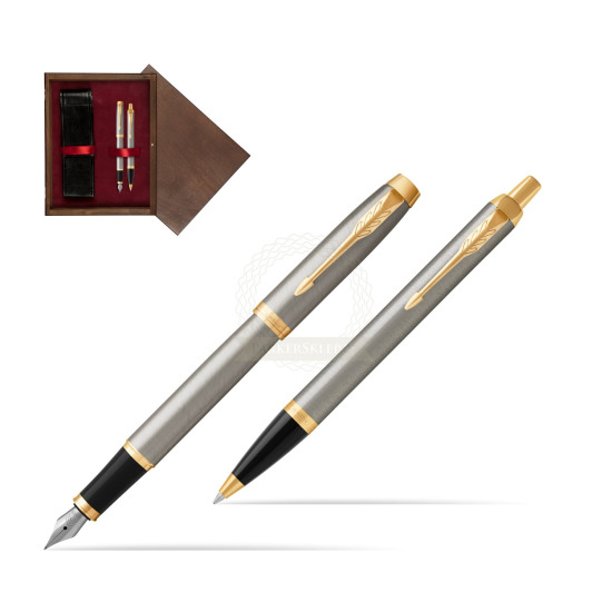 Zestaw Prezentowy Parker Pióro wieczne + Długopis IM Brushed Metal GT w pudełku drewnianym Wenge Double Bordo