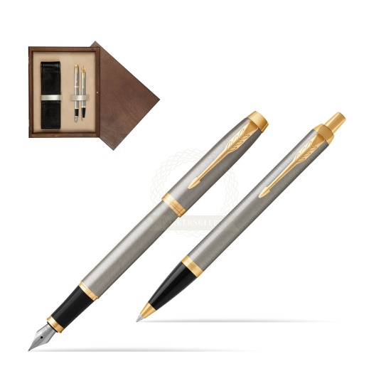 Zestaw Prezentowy Parker Pióro wieczne + Długopis IM Brushed Metal GT w pudełku drewnianym Wenge Double Ecru