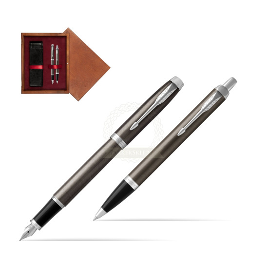 Zestaw Prezentowy Parker Pióro wieczne + Długopis IM Dark Espresso CT w pudełku drewnianym Mahoń Double Bordo