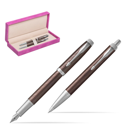 Zestaw Prezentowy Parker Pióro wieczne + Długopis IM Premium Brązowy CT w pudełku zamszowym fuksja
