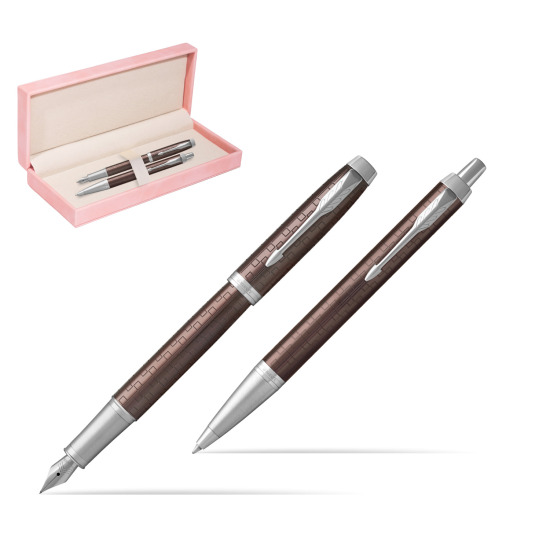 Zestaw Prezentowy Parker Pióro wieczne + Długopis IM Premium Brązowy CT w różowym pudełku zamszowym