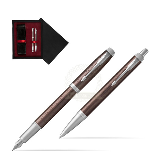 Zestaw Prezentowy Parker Pióro wieczne + Długopis IM Premium Brązowy CT w pudełku drewnianym Czerń Double Bordo