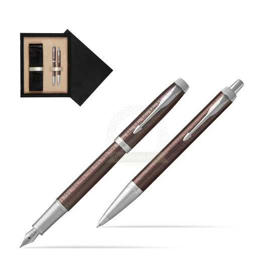 Zestaw Prezentowy Parker Pióro wieczne + Długopis IM Premium Brązowy CT w pudełku drewnianym Czerń Double Ecru