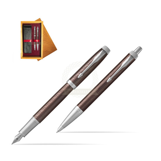 Zestaw Prezentowy Parker Pióro wieczne + Długopis IM Premium Brązowy CT w pudełku drewnianym Honey Double Bordo
