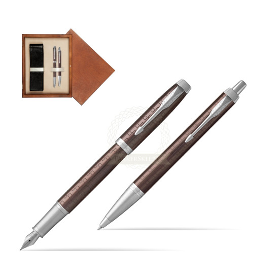 Zestaw Prezentowy Parker Pióro wieczne + Długopis IM Premium Brązowy CT w pudełku drewnianym Mahoń Double Ecru