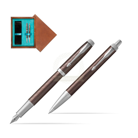 Zestaw Prezentowy Parker Pióro wieczne + Długopis IM Premium Brązowy CT w pudełku drewnianym Mahoń Double Turkus
