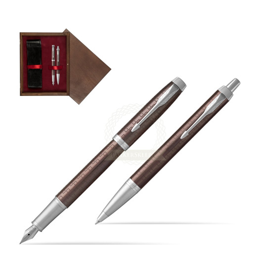 Zestaw Prezentowy Parker Pióro wieczne + Długopis IM Premium Brązowy CT w pudełku drewnianym Wenge Double Bordo