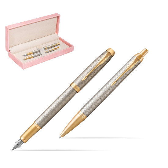 Zestaw Prezentowy Parker Pióro wieczne + Długopis IM Premium Warm Silver GT w różowym pudełku zamszowym