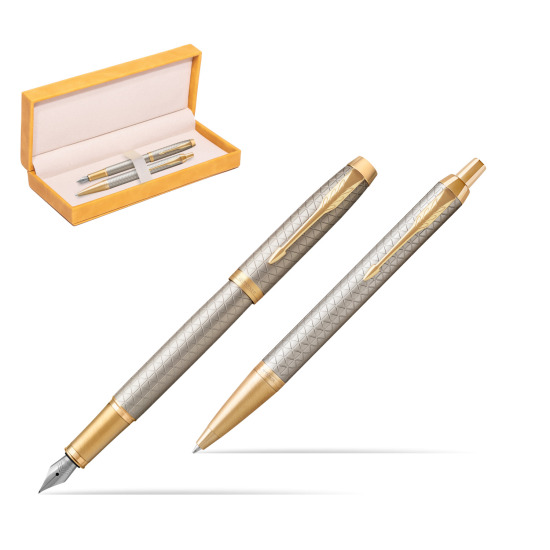 Zestaw Prezentowy Parker Pióro wieczne + Długopis IM Premium Warm Silver GT w żółtym pudełku zamszowym