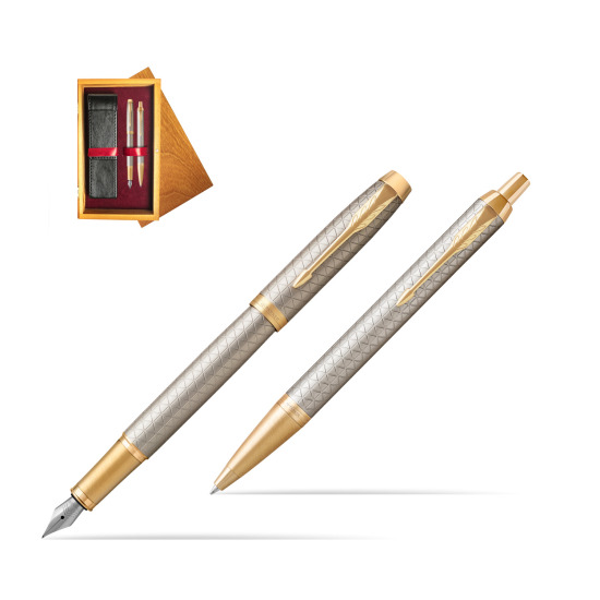 Zestaw Prezentowy Parker Pióro wieczne + Długopis IM Premium Warm Silver GT w pudełku drewnianym Honey Double Bordo