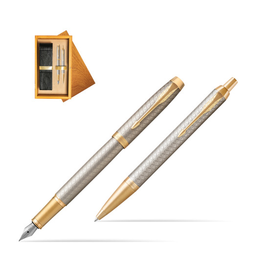 Zestaw Prezentowy Parker Pióro wieczne + Długopis IM Premium Warm Silver GT w pudełku drewnianym Honey Double Ecru