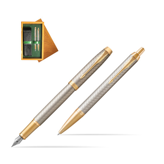 Zestaw Prezentowy Parker Pióro wieczne + Długopis IM Premium Warm Silver GT w pudełku drewnianym Honey Double Zieleń