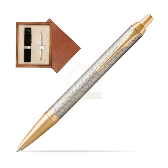 Długopis Parker IM Premium Warm Silver GT w pudełku drewnianym Mahoń Single Ecru
