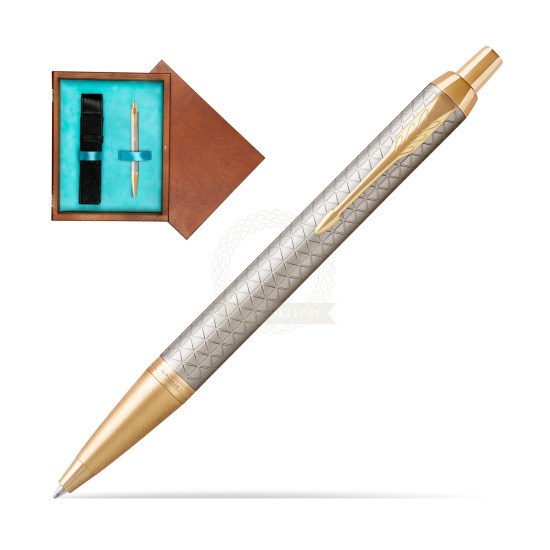 Długopis Parker IM Premium Warm Silver GT w pudełku drewnianym Mahoń Single Turkus