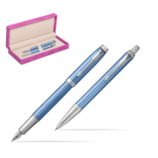 Zestaw Prezentowy Parker Pióro wieczne + Długopis IM Premium Niebieski CT w pudełku zamszowym fuksja