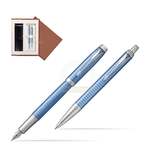 Zestaw Prezentowy Parker Pióro wieczne + Długopis IM Premium Niebieski CT w brązowym pudełku zamszowym