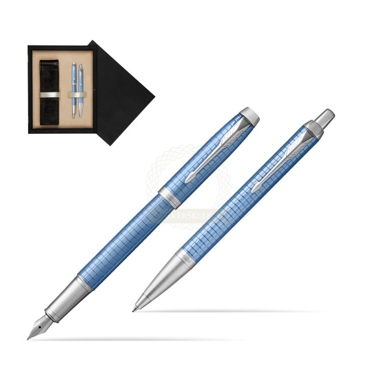 Zestaw Prezentowy Parker Pióro wieczne + Długopis IM Premium Niebieski CT w pudełku drewnianym Czerń Double Ecru
