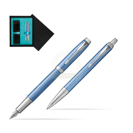 Zestaw Prezentowy Parker Pióro wieczne + Długopis IM Premium Niebieski CT w pudełku drewnianym Czerń Double Turkus