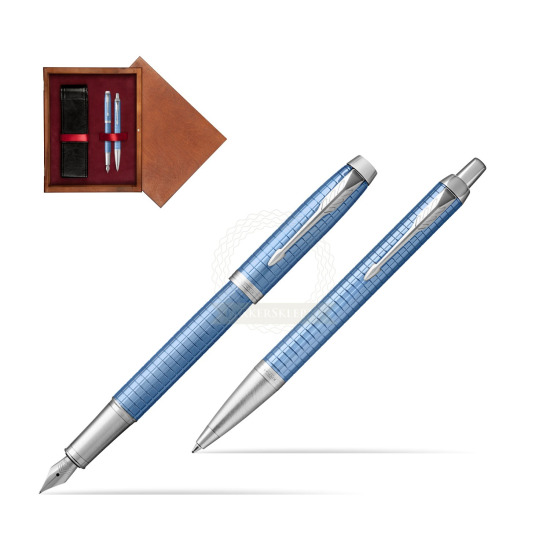Zestaw Prezentowy Parker Pióro wieczne + Długopis IM Premium Niebieski CT w pudełku drewnianym Mahoń Double Bordo
