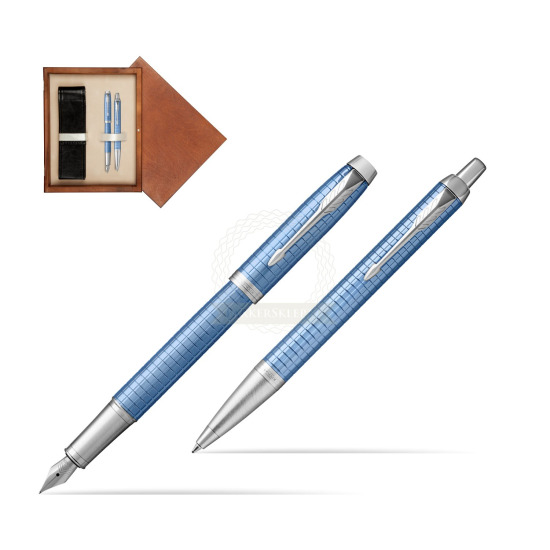Zestaw Prezentowy Parker Pióro wieczne + Długopis IM Premium Niebieski CT w pudełku drewnianym Mahoń Double Ecru