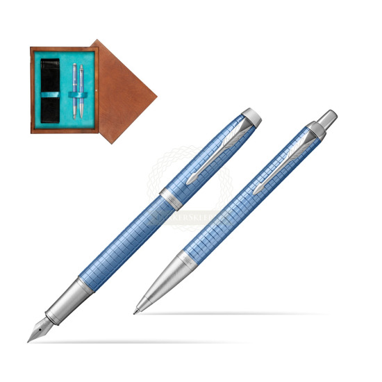 Zestaw Prezentowy Parker Pióro wieczne + Długopis IM Premium Niebieski CT w pudełku drewnianym Mahoń Double Turkus