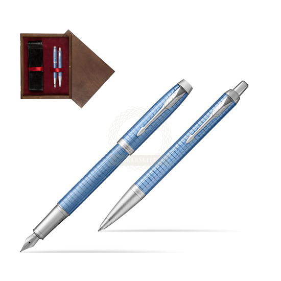 Zestaw Prezentowy Parker Pióro wieczne + Długopis IM Premium Niebieski CT w pudełku drewnianym Wenge Double Bordo