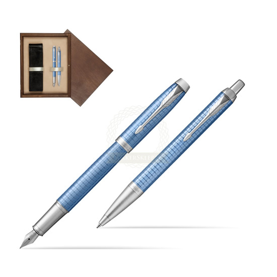 Zestaw Prezentowy Parker Pióro wieczne + Długopis IM Premium Niebieski CT w pudełku drewnianym Wenge Double Ecru