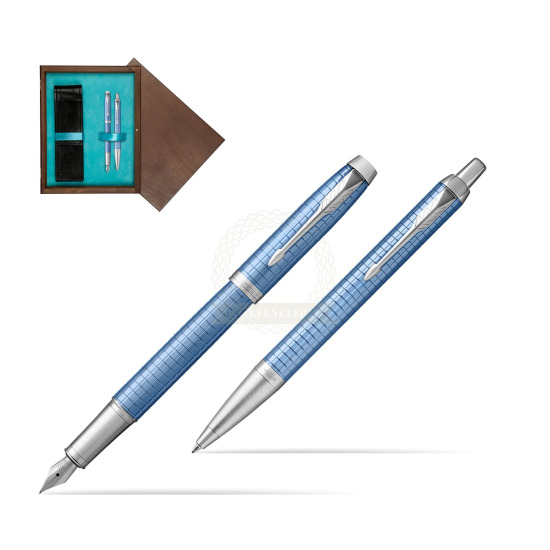 Zestaw Prezentowy Parker Pióro wieczne + Długopis IM Premium Niebieski CT w pudełku drewnianym Wenge Double Turkus