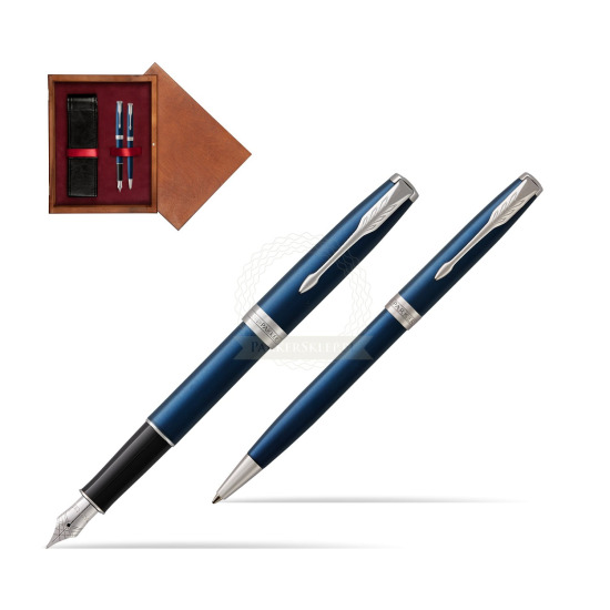Zestaw prezentowy Parker Pióro wieczne + Długopis Sonnet Niebieska Laka CT w pudełku drewnianym Mahoń Double Bordo