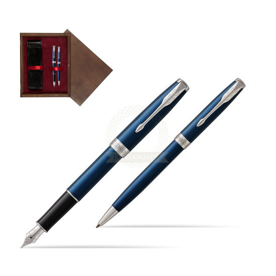 Zestaw prezentowy Parker Pióro wieczne + Długopis Sonnet Niebieska Laka CT w pudełku drewnianym Wenge Double Bordo