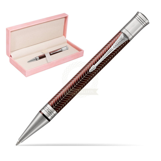 Długopis Parker Centennial Duofold Prestige Burgundowa Jodełka CT w różowym pudełku zamszowym