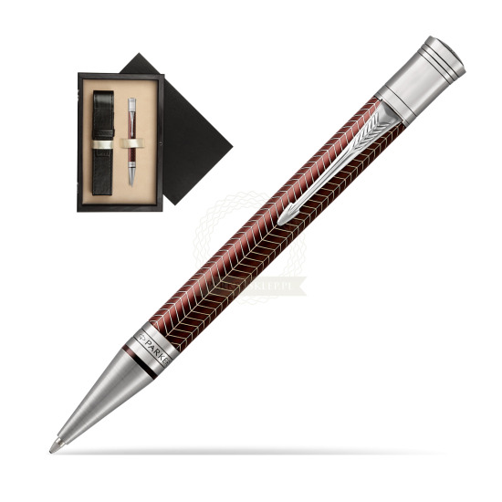 Długopis Parker Centennial Duofold Prestige Burgundowa Jodełka CT w pudełku drewnianym Czerń Single Ecru