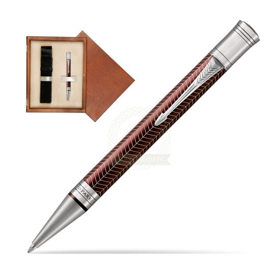 Długopis Parker Centennial Duofold Prestige Burgundowa Jodełka CT w pudełku drewnianym Mahoń Single Ecru