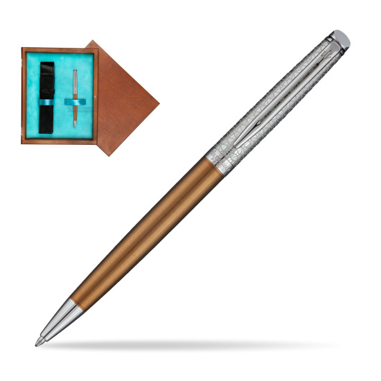 Długopis Waterman Hemisphere Privée Satynowy Brąz CT w pudełku drewnianym Mahoń Single Turkus