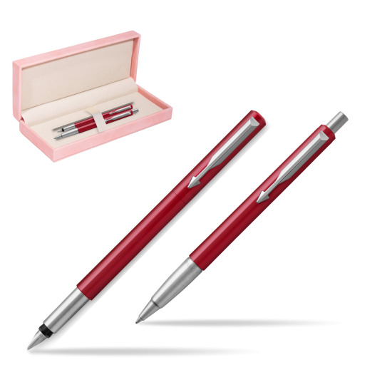 Zestaw prezentowy Parker Pióro + Długopis Vector Czerwony CT w różowym pudełku zamszowym
