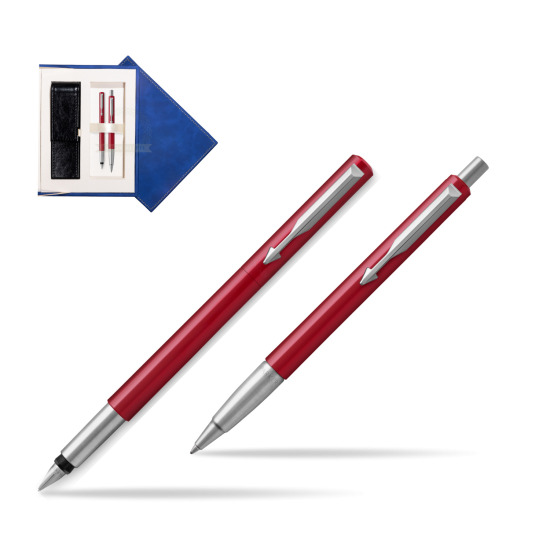 Zestaw prezentowy Parker Pióro + Długopis Vector Czerwony CT w granatowym pudełku zamszowym