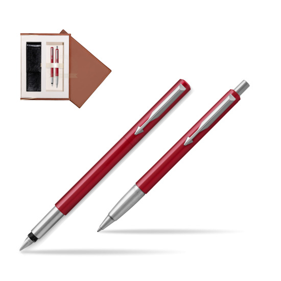 Zestaw prezentowy Parker Pióro + Długopis Vector Czerwony CT w brązowym pudełku zamszowym