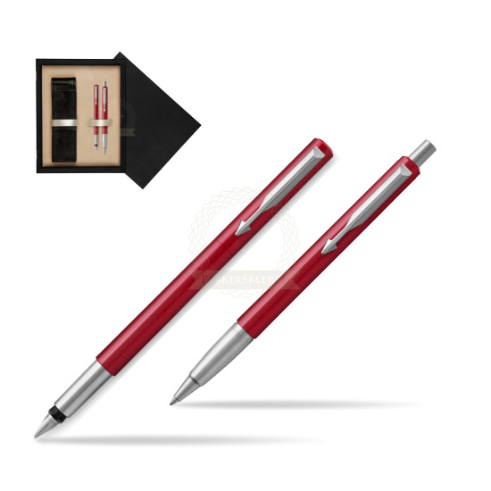 Zestaw prezentowy Parker Pióro + Długopis Vector Czerwony CT w pudełku drewnianym Czerń Double Ecru