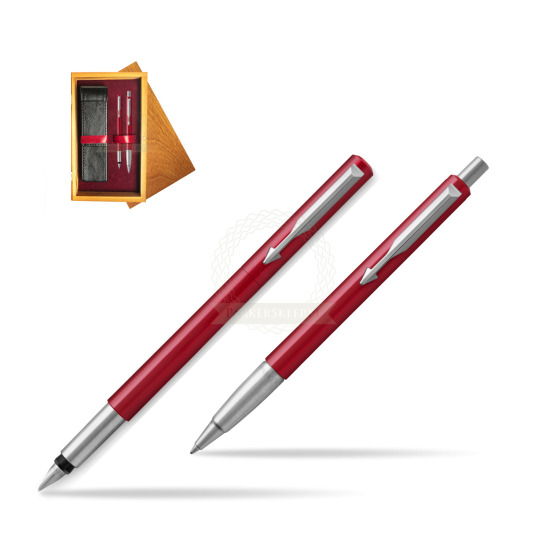 Zestaw prezentowy Parker Pióro + Długopis Vector Czerwony CT w pudełku drewnianym Honey Double Bordo