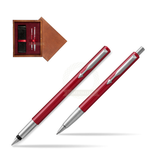 Zestaw prezentowy Parker Pióro + Długopis Vector Czerwony CT w pudełku drewnianym Mahoń Double Bordo