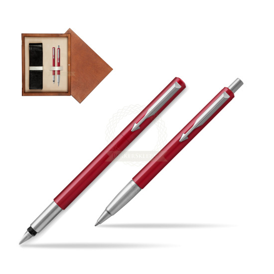 Zestaw prezentowy Parker Pióro + Długopis Vector Czerwony CT w pudełku drewnianym Mahoń Double Ecru