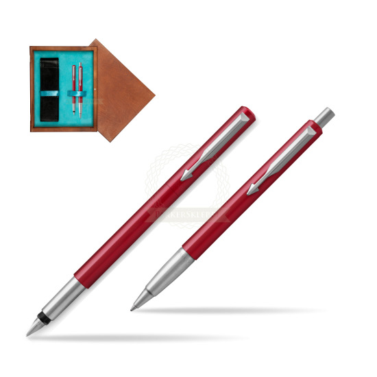 Zestaw prezentowy Parker Pióro + Długopis Vector Czerwony CT w pudełku drewnianym Mahoń Double Turkus