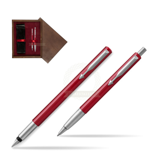 Zestaw prezentowy Parker Pióro + Długopis Vector Czerwony CT w pudełku drewnianym Wenge Double Bordo