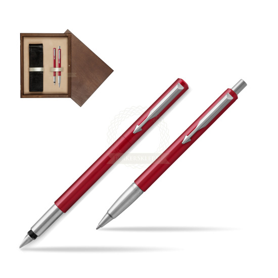 Zestaw prezentowy Parker Pióro + Długopis Vector Czerwony CT w pudełku drewnianym Wenge Double Ecru