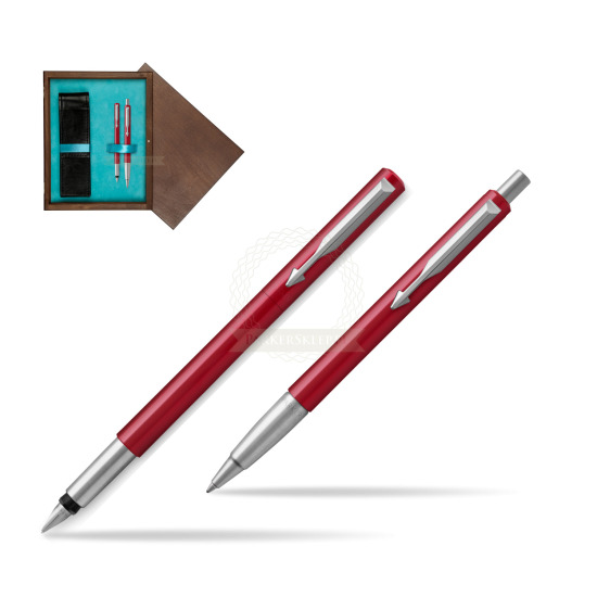 Zestaw prezentowy Parker Pióro + Długopis Vector Czerwony CT w pudełku drewnianym Wenge Double Turkus