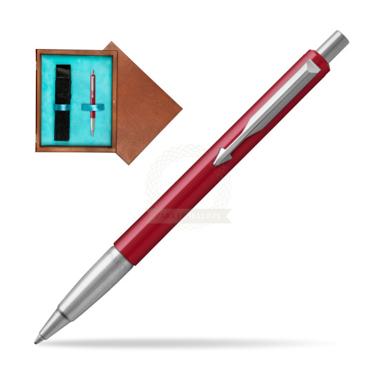 Długopis Parker Vector Czerwony CT 2018 w pudełku drewnianym Mahoń Single Turkus