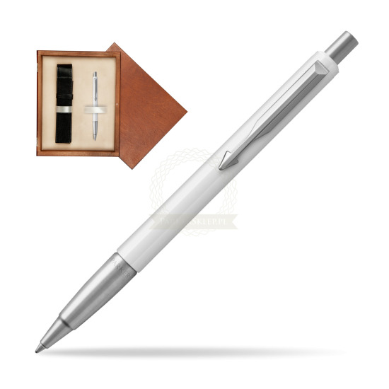Długopis Parker Vector Biały CT 2018 w pudełku drewnianym Mahoń Single Ecru
