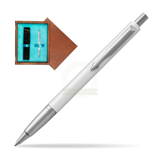 Długopis Parker Vector Biały CT 2018 w pudełku drewnianym Mahoń Single Turkus