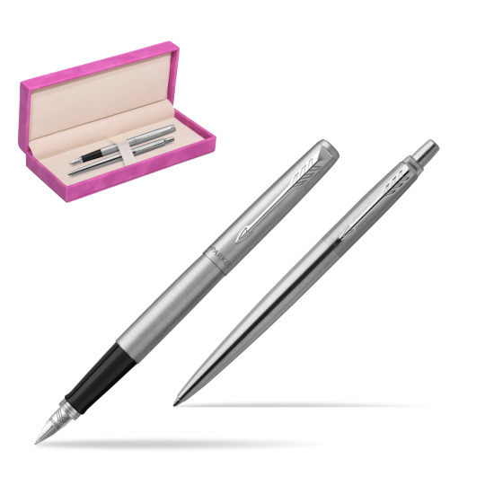 Zestaw prezentowy Parker Pióro + Długopis Jotter Stalowy CT w pudełku zamszowym fuksja