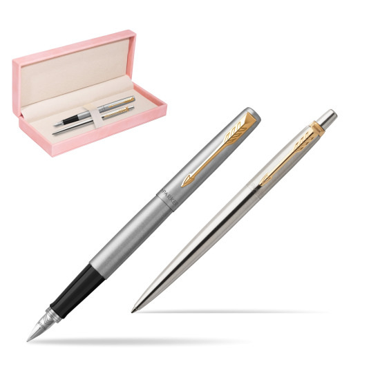 Zestaw prezentowy Parker Pióro + Długopis Jotter Stalowy GT w różowym pudełku zamszowym